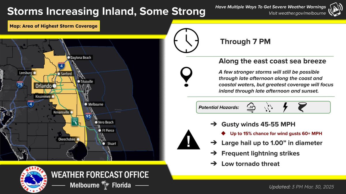 March 30th, 3PM Update - A few stronger storms will still be possible along the coast and coastal waters through late day, but higher coverage will begin to focus inland through late afternoon and sunset. Some strong storms possible, with a low chance of isolated severe storms.