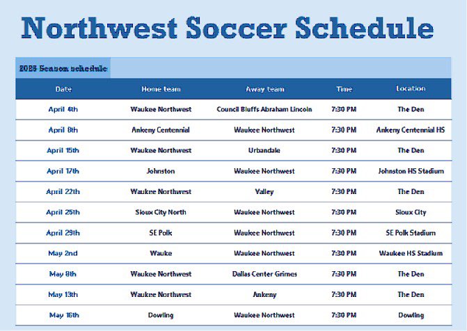 ⚽ Wolves Soccer Schedule is HERE! ⚽

The wait is over—Waukee Northwest is ready to hit the pitch! Mark your calendars, pack The Den, and get ready for an epic season! 🔥

Be there. Be loud. Let’s go, Wolves! 💙⚽ #GoWolves #TheDen #WolvesSoccer #GameDay