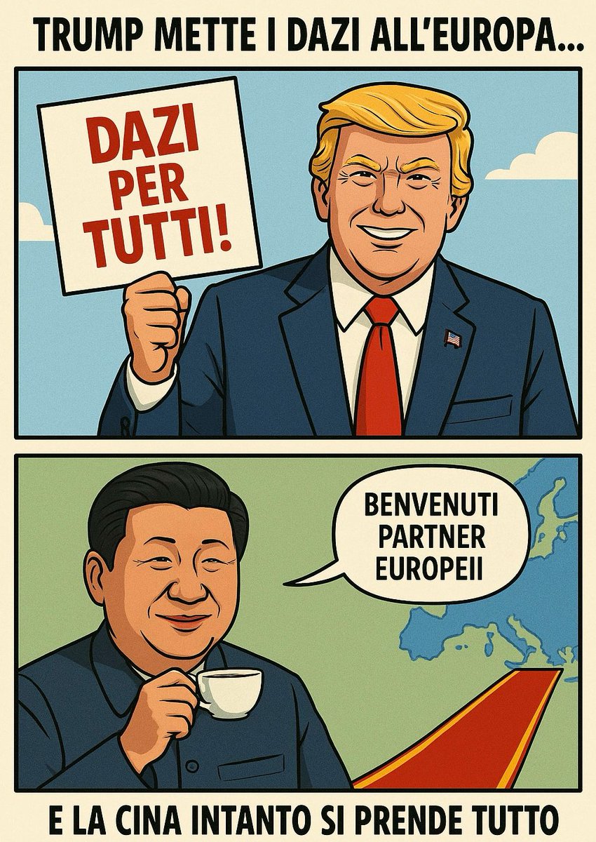 Trump mette i dazi all’Europa e, nel frattempo, la Cina apparecchia la tavola: partner commerciali cercasi, preferibilmente infastiditi dagli Stati Uniti. #Trump #dazitrumpiani #guerracommerciale #memegeopolitico