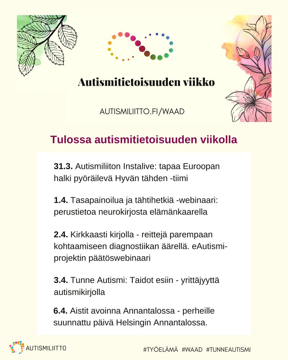 Hyvää autismitietoisuuden viikkoa! Teemaviikolla keskitymme #autismikirjo'n ihmisten #työelämä'än liittyviin epäkohtiin.
Vaadimme autismikirjon ihmisille yhdenvertaisia mahdollisuuksia työhön.
👉autismiliitto.fi/autismikirjon-…

#WAAD #autismitietoisuus