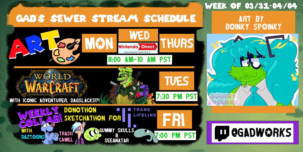GadsSewerStream's tweet photo. 🐊Stream Schedule🐊  
⚔️ Tues Fire Emblem fanatic Crocodile returns after a year long absence to play...World of Warcraft!?!

🎨 Fri Doing sketches on Daz's stream to raise funds for Trans Lifeline  

Plus emote art in the mornings and a Nintendy direct react party! https://t.co/umPWvXai2L
