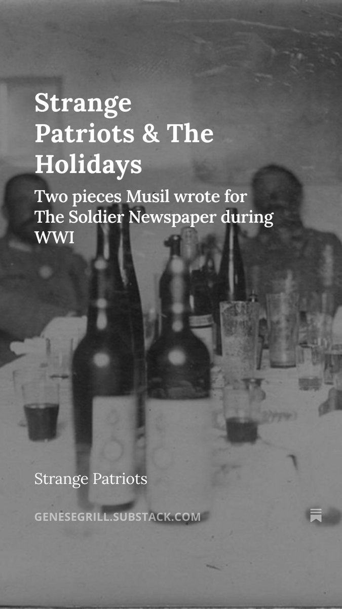Sharing my translation of two pieces Musil wrote for the Soldier Newspaper he edited during WWI: "Strange Patriots" &amp; "The Holidays". Access in reply.