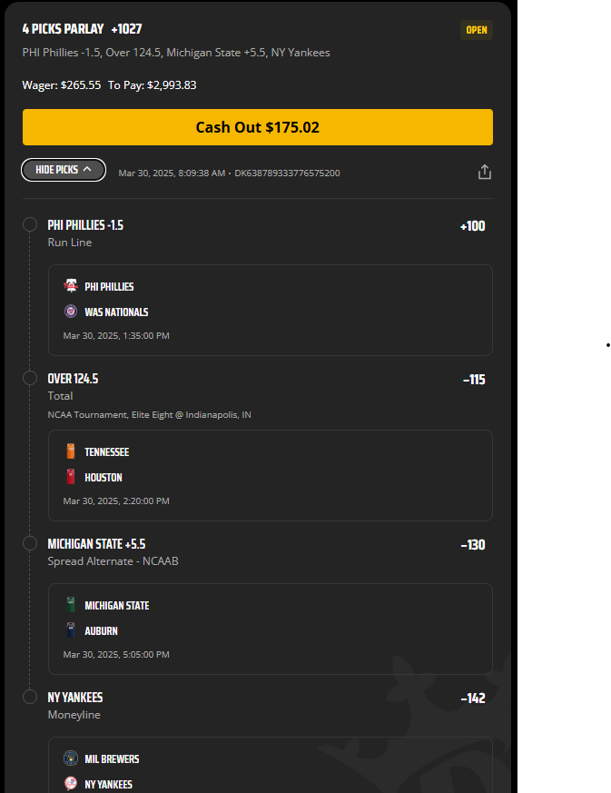 POTD 2.65 U ---> 29.93 U
- Phillies crush left handed pitchers and Nola had a solid outing vs the nats last time out
- Houston Tenn over in a must win game. The pace will be pushed.
- I like michigan state to win today but I will buy a few points.
- Yanks + corked bats = Win