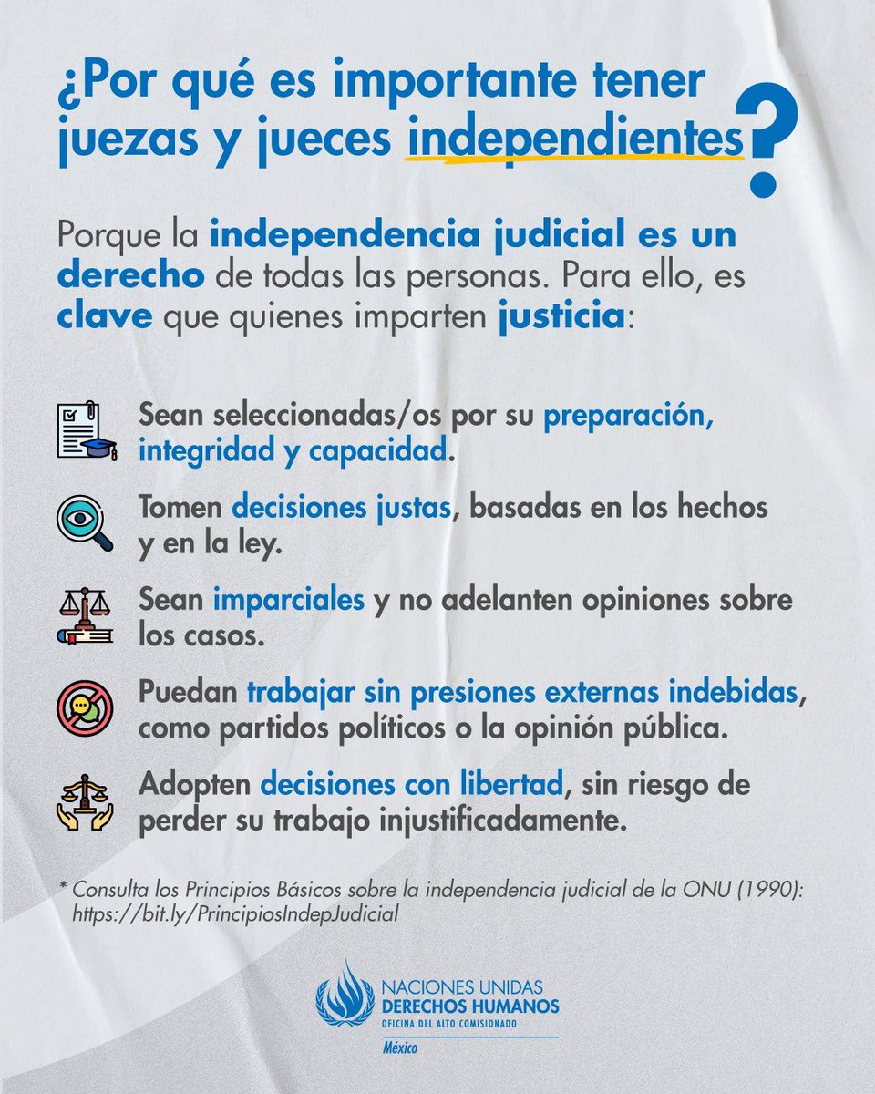 La #IndependenciaJudicial es un derecho de todas las personas.

Contar con juezas y jueces independientes es esencial para garantizar una justicia íntegra, imparcial y libre de presiones externas indebidas. 

👉🏽 bit.ly/PrincipiosInde…