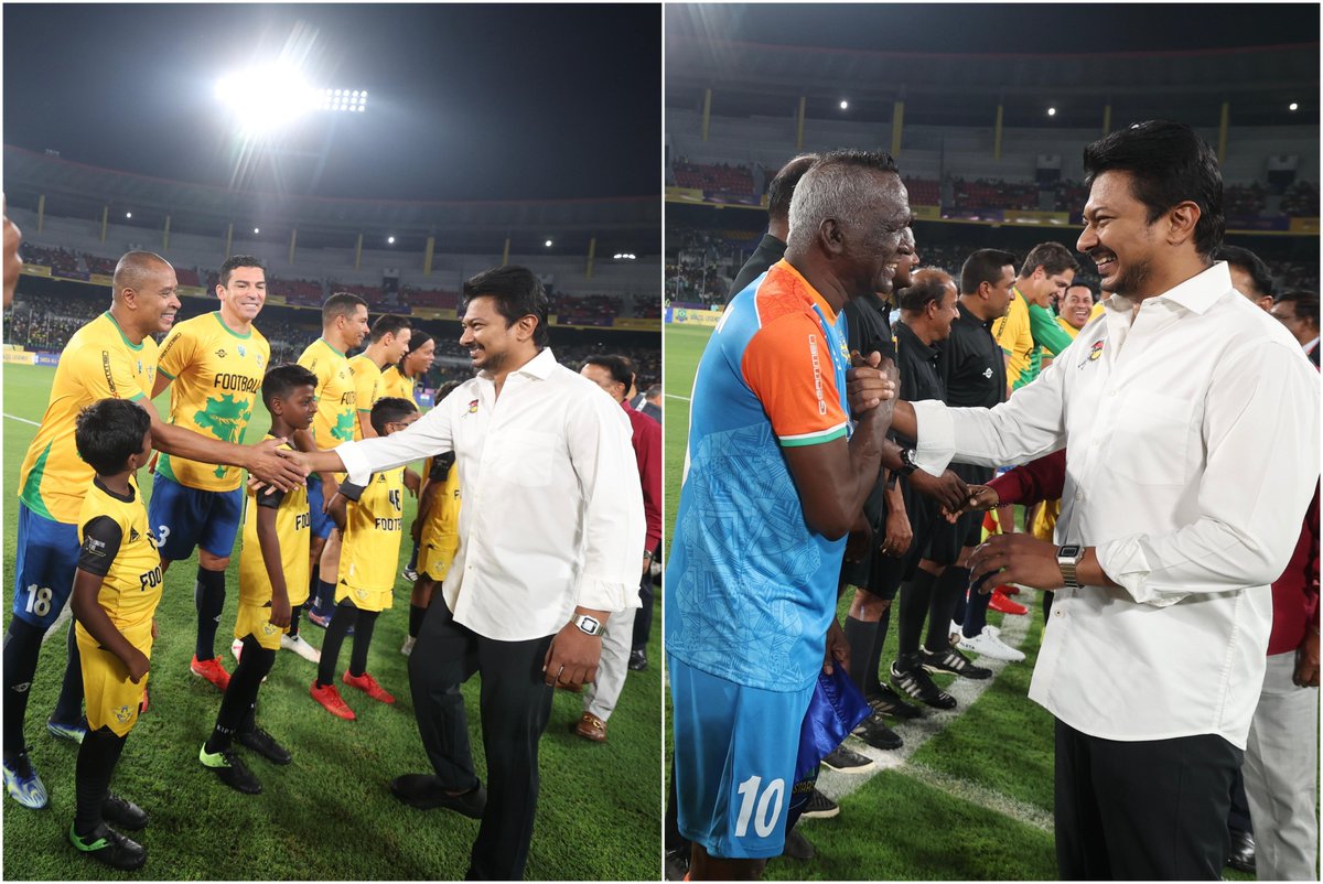 Udhaystalin's tweet photo. The most anticipated Brazil Legends Tour kicked off today at the Jawaharlal Nehru Indoor Stadium in Chennai, and I had the privilege of witnessing the exciting exhibition match between the Indian All-Stars and Brazil Legends.

It was a fantastic atmosphere, with fans and football lovers from all over the country filling up the stadium. Seeing legendary players like Ronaldinho, Rivaldo, Lucio, IM Vijayan, Mehtob Hussain, and Karanjith Singh play was truly special.

This will be a remarkable initiative for the development of football in India. We are happy that Tamil Nadu is part of this historical event.

My best wishes for the success of the football summit to be held on March 31 and April 1, 2025, featuring workshops and discussions with Brazil’s FIFA World Cup-winning legends.

#IndianAllStars #BrazilLegends @SportsTN_ @Atulyamisraias #JMeghanathaReddyIAS