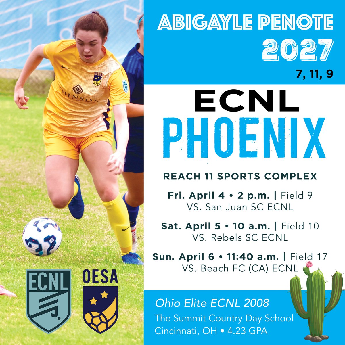Abigayle Penote (@abpenote) on Twitter photo Counting down the days until the <a href="/ECNLgirls/">ECNL Girls</a> Arizona Showcase! Here’s my game schedule—can’t wait to compete and hope to see you there! <a href="/ImYouthSoccer/">ECNL/GA/Recruiting/College Soccer</a>
<a href="/ImCollegeSoccer/">College Soccer Truth ™</a>
<a href="/ohioelite/">Ohio Elite Soccer Academy</a>
<a href="/TheECNL/">The ECNL</a>
<a href="/TopDrawerSoccer/">TopDrawerSoccer</a>
<a href="/TheSoccerWire/">SoccerWire</a> Counting down the days until the <a href="/ECNLgirls/">ECNL Girls</a> Arizona Showcase! Here’s my game schedule—can’t wait to compete and hope to see you there! <a href="/ImYouthSoccer/">ECNL/GA/Recruiting/College Soccer</a>
<a href="/ImCollegeSoccer/">College Soccer Truth ™</a>
<a href="/ohioelite/">Ohio Elite Soccer Academy</a>
<a href="/TheECNL/">The ECNL</a>
<a href="/TopDrawerSoccer/">TopDrawerSoccer</a>
<a href="/TheSoccerWire/">SoccerWire</a>