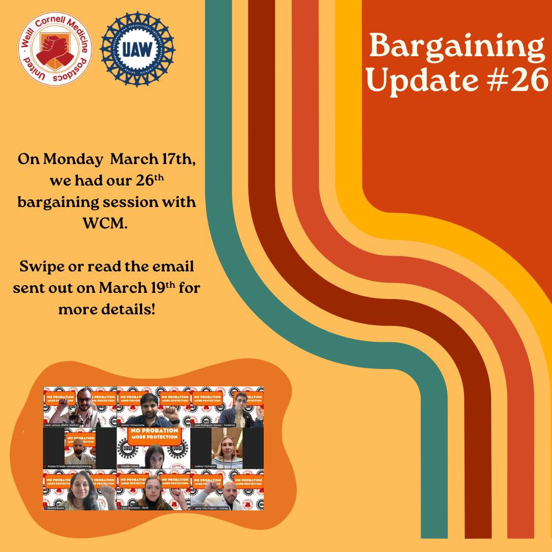 WCMPostdocUnion's tweet image. Update from March 17th bargaining session.
Please join us for the next bargaining session on March 31st from 12:00 to 4:00 PM.
Details in bio.