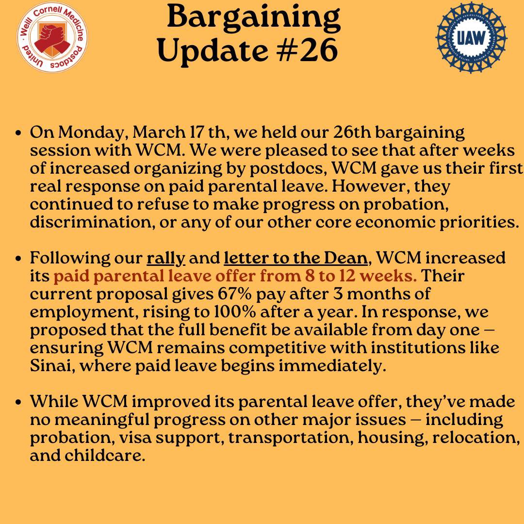 WCMPostdocUnion's tweet image. Update from March 17th bargaining session.
Please join us for the next bargaining session on March 31st from 12:00 to 4:00 PM.
Details in bio.