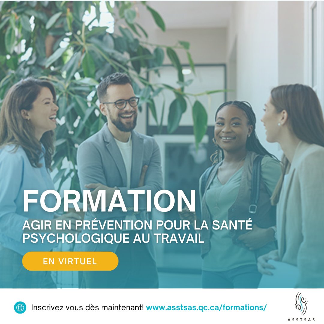 InfosASSTSAS's tweet image. [FORMATION]

Cette formation introduit les risques liés à la santé psychologique au travail, en expliquant les notions clés et en présentant les grandes lignes d’une démarche de prévention.

Date : 6 mai de 8h30 à 12h. Inscription : bit.ly/3BtAFdx.

#asstsas #formation