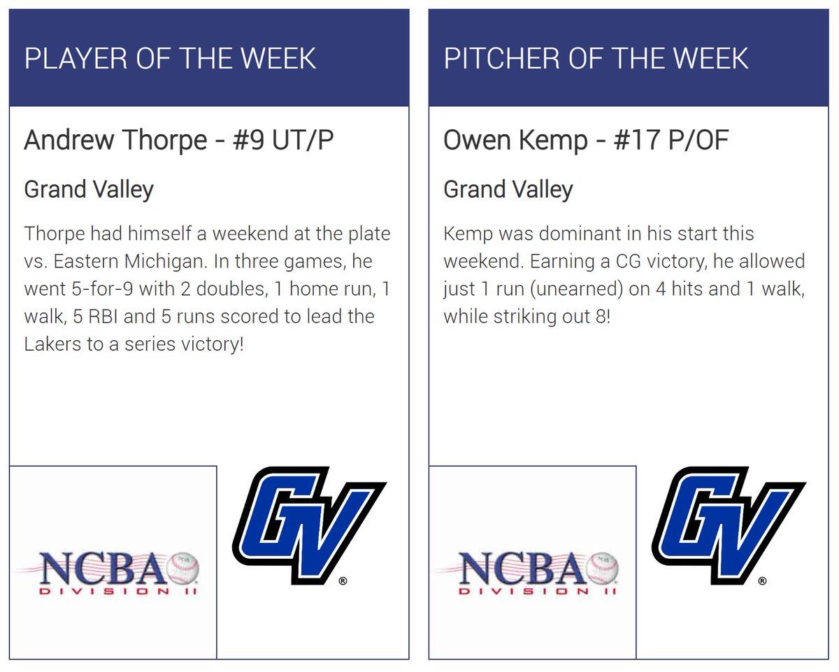 NCBA Northern Plains (@ncba_northplain) on Twitter photo Congrats to our Week 17 Northern Plains - East Player (Andrew Thorpe - <a href="/gvclubball/">Grand Valley Club Baseball</a>) and Pitcher (Owen Kemp - <a href="/gvclubball/">Grand Valley Club Baseball</a>) of the Week‼️
#NCBA #RoadToAlton #NorthernPlains Congrats to our Week 17 Northern Plains - East Player (Andrew Thorpe - <a href="/gvclubball/">Grand Valley Club Baseball</a>) and Pitcher (Owen Kemp - <a href="/gvclubball/">Grand Valley Club Baseball</a>) of the Week‼️
#NCBA #RoadToAlton #NorthernPlains