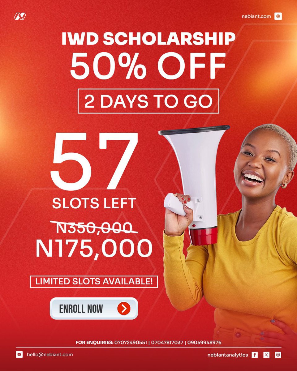 nebiantanalytic's tweet image. ‼️Don’t miss out on this massive 50% OFF IWD Scholarship from Nebiant Analytics! 

Only 2 DAYS LEFT and just 57 slots available. 

Boost your tech skills for HALF THE PRICE! 

Enroll NOW before it’s too late!

Send us a dm to enroll

#dataanalyticstraining #datasciencetraining