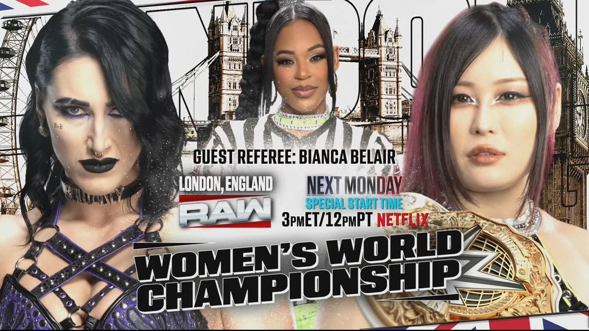 RAWisNetflix's tweet photo. Tomorrow on Raw:

- Iyo Sky vs. Rhea Ripley With Bianca Belair as the Special Guest Ref For the Women's World Championship
- Jimmy Uso vs. Gunther
- Cody Rhodes &amp; John Cena Face to Face
- Logan Paul &amp; AJ Styles Segment

#WWERaw https://t.co/MkZi17sdX8