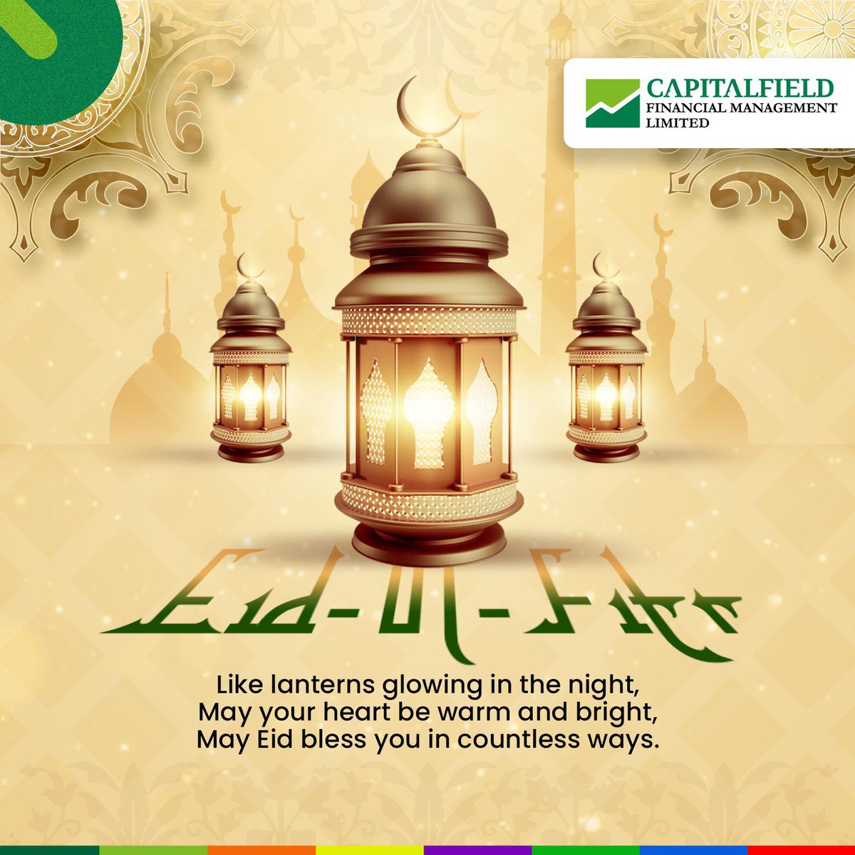 Capitalfieldfml's tweet photo. Like lanterns glowing in the night, may your heart be warm and bright. Eid Mubarak from Capitalfield Financial Management Limited! ✨ #EidMubarak #EidAlFitr #Capitalfield #FinancialManagement #EidGreetings #EidJoy https://t.co/MJEqitZYoF