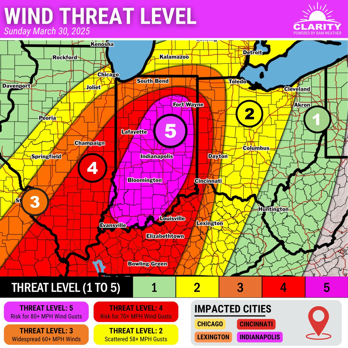 bam_weather's tweet photo. Most concerned for widespread damaging winds this afternoon/evening with storms in central Indiana. Could see some 70-80+ MPH wind gusts. Scattered large hail and a few tornadoes will also be possible. https://t.co/c7BUjclaL3