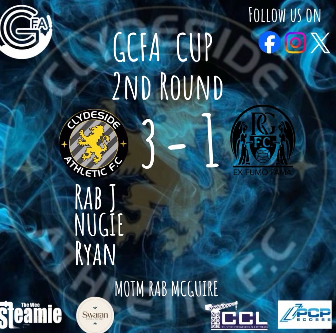 Great result yesterday for the boys to Advance into the next round of the cup 😈

Scorers 

@rabjenner5
@mnugent10
<a href="/ryantaylor/">Ryan Taylor</a>.03

Motm  Rab mcguire 🚬👏🏽👏🏽

@swaranindiancuisine
<a href="/theweesteamie/">The Wee Steamie</a> 
@pcp_ecosse 
@clydecranesandlifting 

#mtc💙⚫️💙