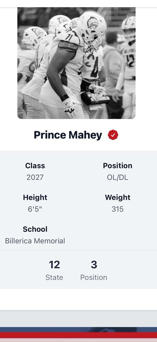 prince_mahey71's tweet photo. Honored to be ranked as the #3 OL sophomore in New England and the #12 player in the Class of ‘27 by @ScoutingNE & @PRZNewEngland. The work never stops just getting started. #BlueCollar #DirtyRic #OnlyGettingBetter https://t.co/KwUDSBRu4b