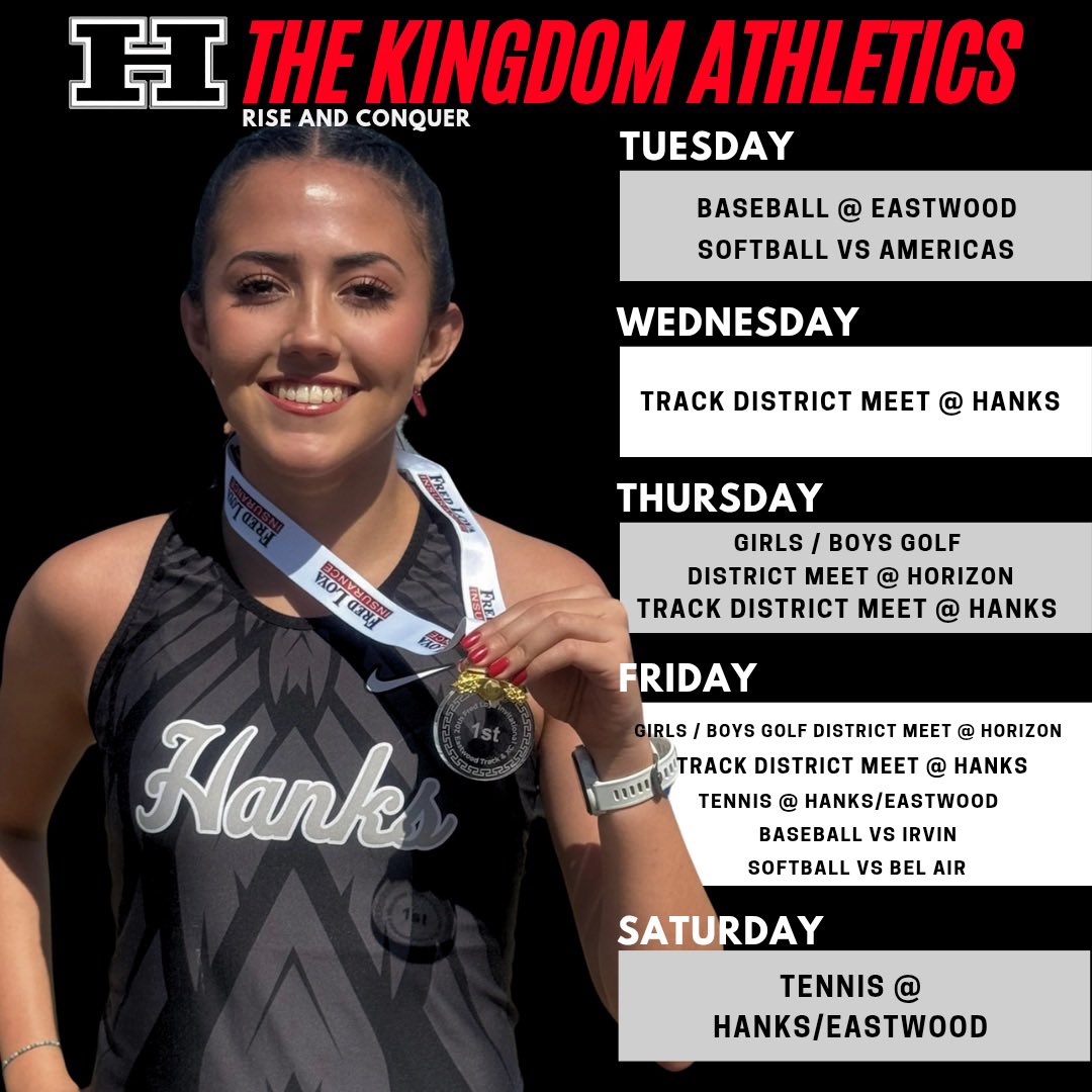 Coach Scott Veliz (@coach_veliz) on Twitter photo 🏰 HANKS ATHLETICS 🏰
⚔️Mar. 31-Apr. 5⚔️
COME SUPPORT THE KNIGHTS!!
#RiseAndConquer #TheKingdom
<a href="/2Wordstv/">2Words</a>: Three E’s
“Expectation…Encouragement…Equipping”
<a href="/JMHanksHigh/">J.M. Hanks High School</a> <a href="/HanksGutierrez/">Danny Gutierrez</a>
<a href="/HanksAthletics/">THE KINGDOM ATHLETICS</a>
⚾️🥎🎾🏃🏌️ 🏰 HANKS ATHLETICS 🏰
⚔️Mar. 31-Apr. 5⚔️
COME SUPPORT THE KNIGHTS!!
#RiseAndConquer #TheKingdom
<a href="/2Wordstv/">2Words</a>: Three E’s
“Expectation…Encouragement…Equipping”
<a href="/JMHanksHigh/">J.M. Hanks High School</a> <a href="/HanksGutierrez/">Danny Gutierrez</a>
<a href="/HanksAthletics/">THE KINGDOM ATHLETICS</a>
⚾️🥎🎾🏃🏌️