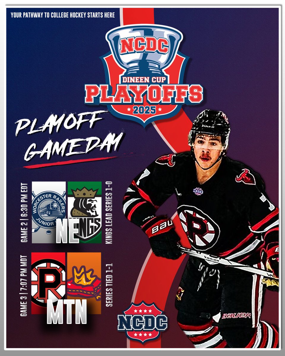#DineenCupPlayoffs: Busy Sunday today, kicking off at 1 p.m. EDT and our last faceoff of the day will be at 7:07 p.m. MDT! Four Game 2's and one Game 3 set for today. Who are your picks as today's winners?

Game 2: <a href="/mercer_chiefs/">Mercer Chiefs</a> at <a href="/NJHitmen/">Jersey Hitmen Hockey</a>, 1:00 p.m. EDT

Game 2: