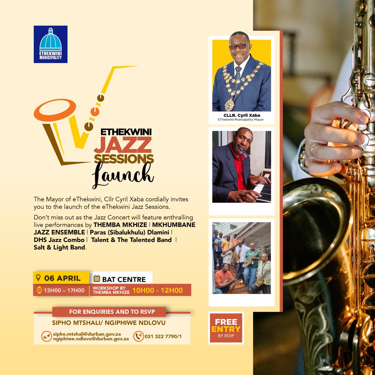 syntuli's tweet image. Don&apos;t miss the launch of eThekwini Jazz Sessions on Sunday 06 April 2025 at Bat Centre, in Durban. Music workshop by the legendary Themba Mkhize. LIVE Performances by jazz legends and development jazz bands. FREE ENTRY by RSVP. #jazzdevelopment #artistdevelopment