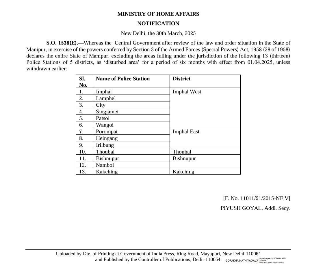 AFSPA not applicable in Meiteland as per BJP MHA notice dated 30-03-2025. Is it to give free movement to their gentlemens who looted 6000 arms and 500000 live ammunitions for hunting Kukis? <a href="/MundaArjun/">Arjun Munda</a> <a href="/paolienlal/">Paolienlal Haokip</a> <a href="/MahuaMoitra/">Mahua Moitra</a> <a href="/INCIndia/">Congress</a> <a href="/BJP4India/">BJP</a> <a href="/htTweets/">Hindustan Times</a> <a href="/SangmaConrad/">Conrad K Sangma</a>  <a href="/toi/">The Times of India</a>