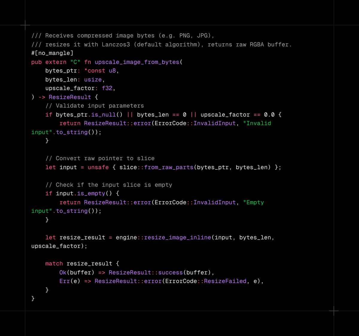 michael_lazebny's tweet image. Rust is an amazing language for FFI in Dart

All you need to do is define the extern C function, run cbindgen to generate a C header file, and then run ffigen, which generates safe Dart bindings.

Here is how I implemented upscale using Rust&apos;s &quot;image&quot; crate, which is 50x faster…