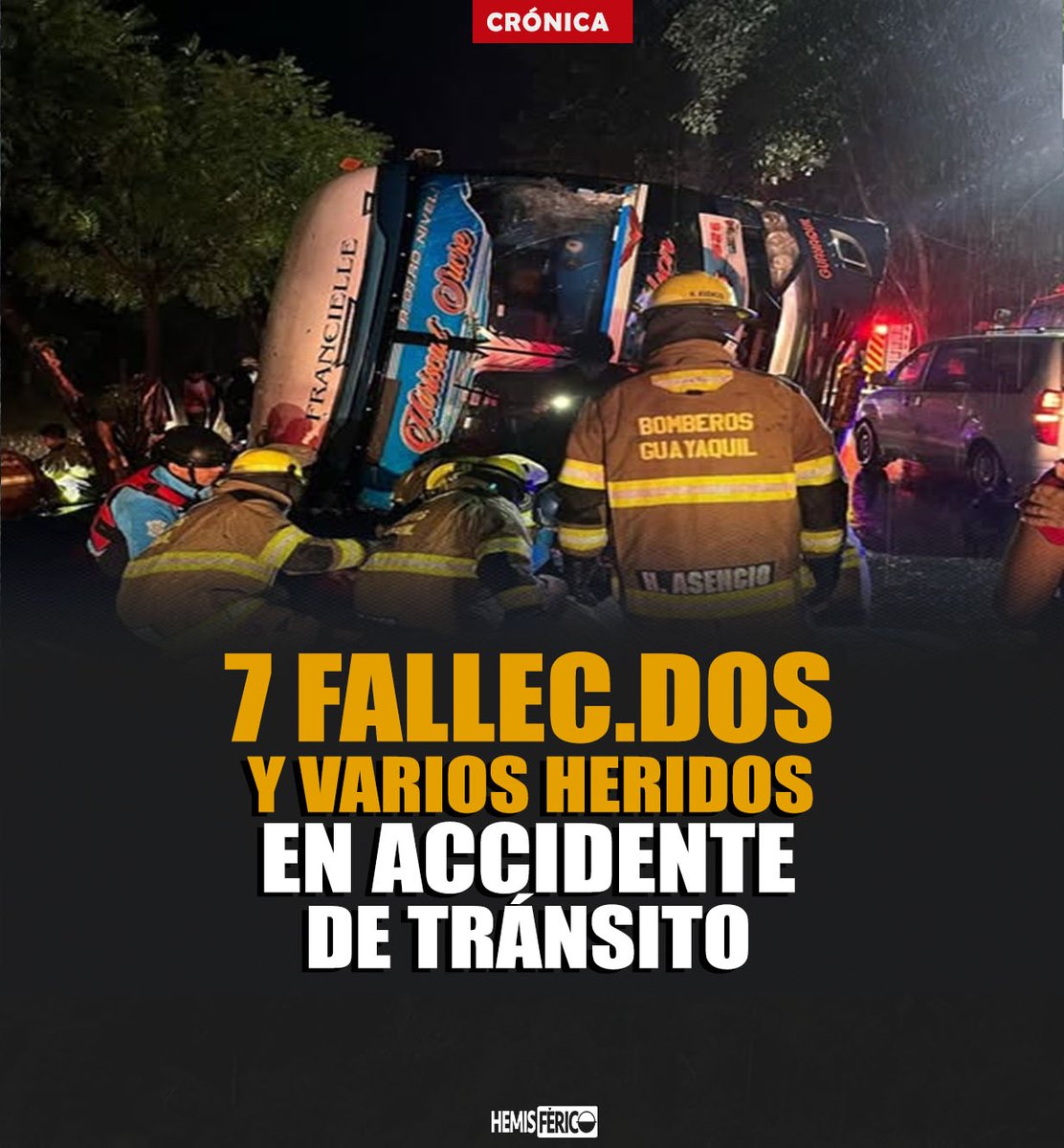 TvHemisferico's tweet photo. 📷 TRÁGICO ACCIDENTE.-
Esta madrugada se registró un trágico accidente de tránsito en el kilómetro 98 vía a la costa. Un bus interprovincial se volcó y deja un saldo hasta el momento de 7 personas fallec.das y 11 her.das. Equipos de emergencia se encuentran en el sitio. https://t.co/ycLIR2aShB
