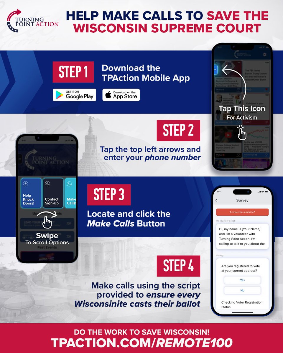 Activity on the TPAction App is surging!! 

Do your part. Follow these simple steps to start making calls in Wisconsin TODAY:

1. Download the TPAction App at TPAction.com/APP
You can do this from the App Store (iPhone) or Google Play (Android).

2. Enter Your Phone Number