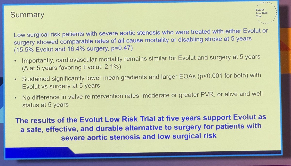 Hooman Bakhshi (@bakhshihooman) on Twitter photo #ACC25 #Evolut low rish : low surgical risk pts with severe AS —> Evolut vs surgery —> comparable rates of all-cause mortality or disabling stroke at 5 years (15.5% Evolut and 16.4% surgery, p=0.47)
<a href="/Mod_Pharmacist/">The Mod Pharmacist</a> <a href="/KimMed_/">Kimberly Imoh</a> <a href="/RThachilMD/">Rosy Thachil, MD, MBA</a> <a href="/PA_Kotta/">Prasanti Alekhya Kotta, MB BChir</a> <a href="/ujebubechukwu/">Ugochukwu Ebubechukwu, MD 🫀</a> <a href="/Ibrahim_Kamel9/">Ibrahim Kamel</a> #ACC25 #Evolut low rish : low surgical risk pts with severe AS —> Evolut vs surgery —> comparable rates of all-cause mortality or disabling stroke at 5 years (15.5% Evolut and 16.4% surgery, p=0.47)
<a href="/Mod_Pharmacist/">The Mod Pharmacist</a> <a href="/KimMed_/">Kimberly Imoh</a> <a href="/RThachilMD/">Rosy Thachil, MD, MBA</a> <a href="/PA_Kotta/">Prasanti Alekhya Kotta, MB BChir</a> <a href="/ujebubechukwu/">Ugochukwu Ebubechukwu, MD 🫀</a> <a href="/Ibrahim_Kamel9/">Ibrahim Kamel</a>