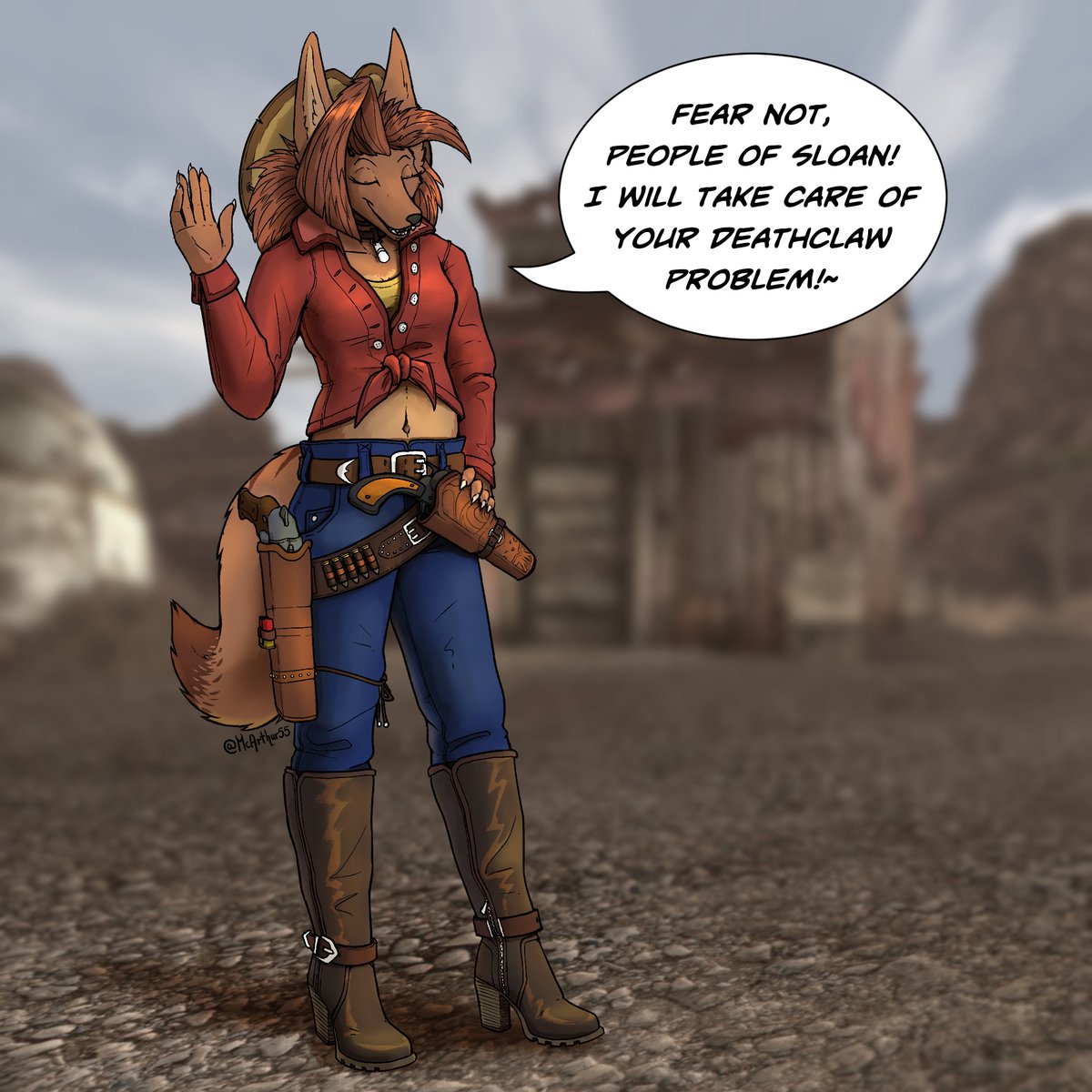 Jane learns about the Deathclaw problem that the people of Sloan have,  and offers help - if compensation is provided, of course! She has  confidence on her side - as well as 9 points in Luck... New Vegas is a fun place!
