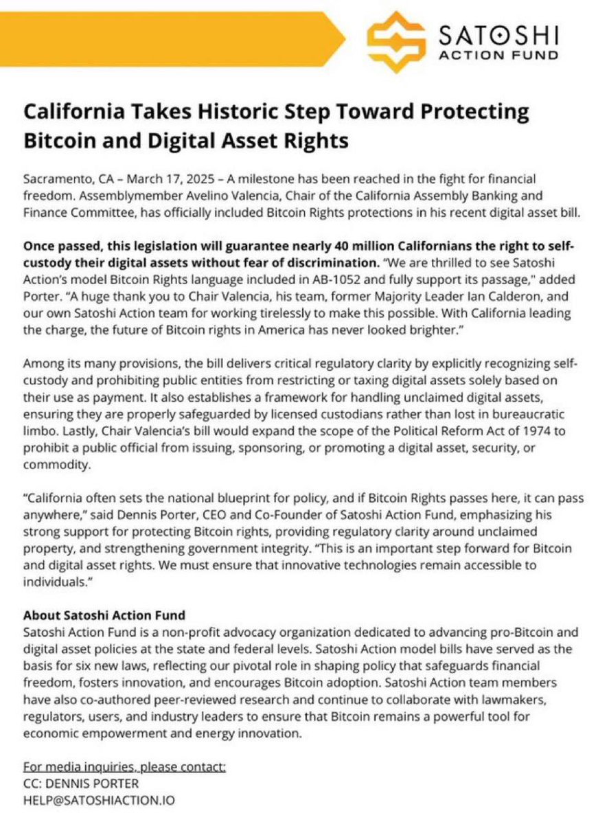 Dự luật mới của California (AB-1052) bao gồm các điều khoản bảo vệ quyền Bitcoin, đảm bảo 40 triệu người dân California có thể tự lưu trữ tài sản số mà không bị phân biệt đối xử. 

Dự luật này cung cấp sự rõ ràng về quy định, cấm các hạn chế đối