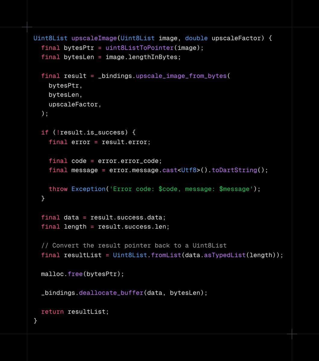 michael_lazebny's tweet image. Rust is an amazing language for FFI in Dart

All you need to do is define the extern C function, run cbindgen to generate a C header file, and then run ffigen, which generates safe Dart bindings.

Here is how I implemented upscale using Rust&apos;s &quot;image&quot; crate, which is 50x faster…