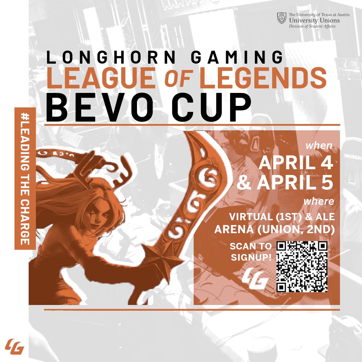 Our second Bevo Cup (League Of Legends) of the semester is open for registration!

Join us on Friday and Saturday, April 4th, Virtually, and April 5th, at the Alienware Longhorn Esports Arena in the Texas Union Underground 🧡