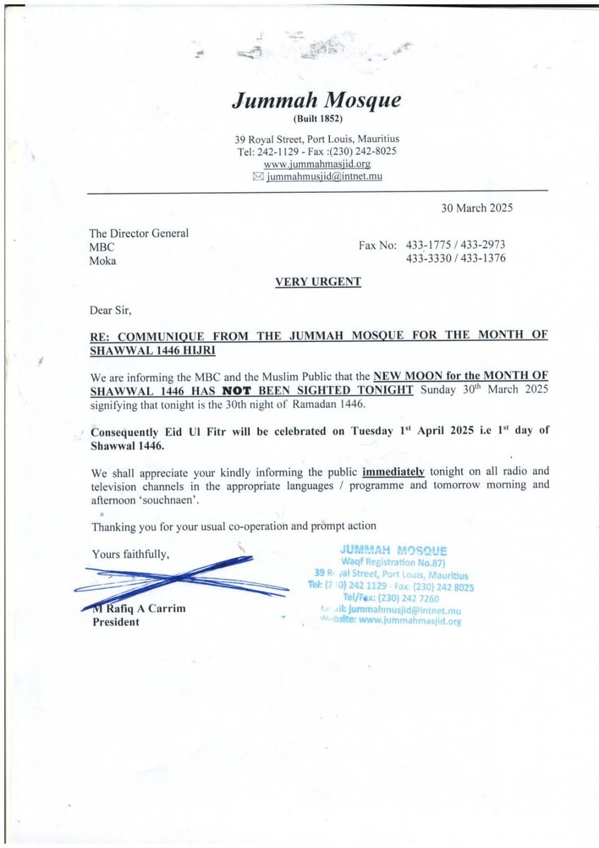La Eid sera célébrer le Mardi 1er avril 2025 a l'île Maurice.