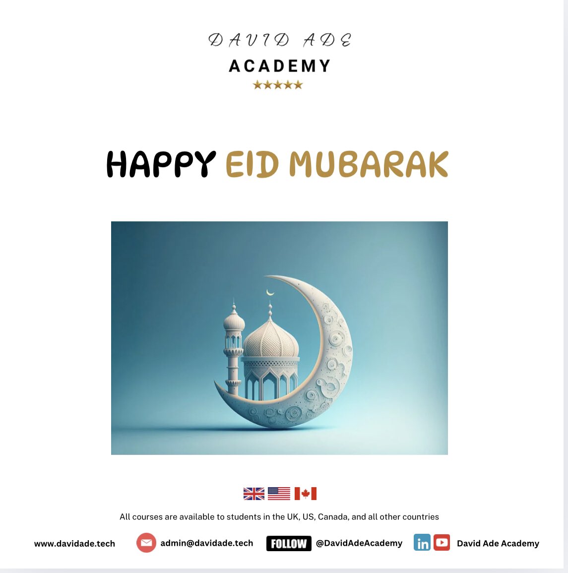DavidAdeAcademy's tweet image. Happy Eid Mubarak! Wishing all who celebrate, a wonderful celebration with love, peace and kindness.

#EidMubarak