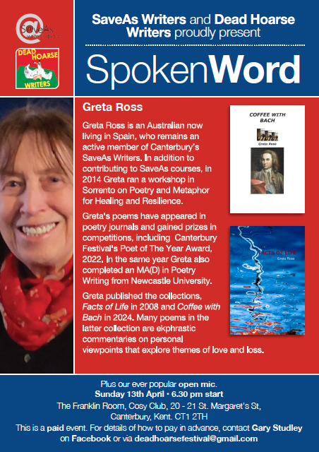 Dead Hoarse &amp; SaveAs Writers are delighted to present the wonderful poet, Greta Ross to #Canterbury for our next SpokenWord Sunday on 13 April 6.30pm. There will also be the popular open mic. saveaswriters.co.uk <a href="/COSYCLUB/">COSY CLUB</a> #spokenword #poetrylive #kentevents #openmic