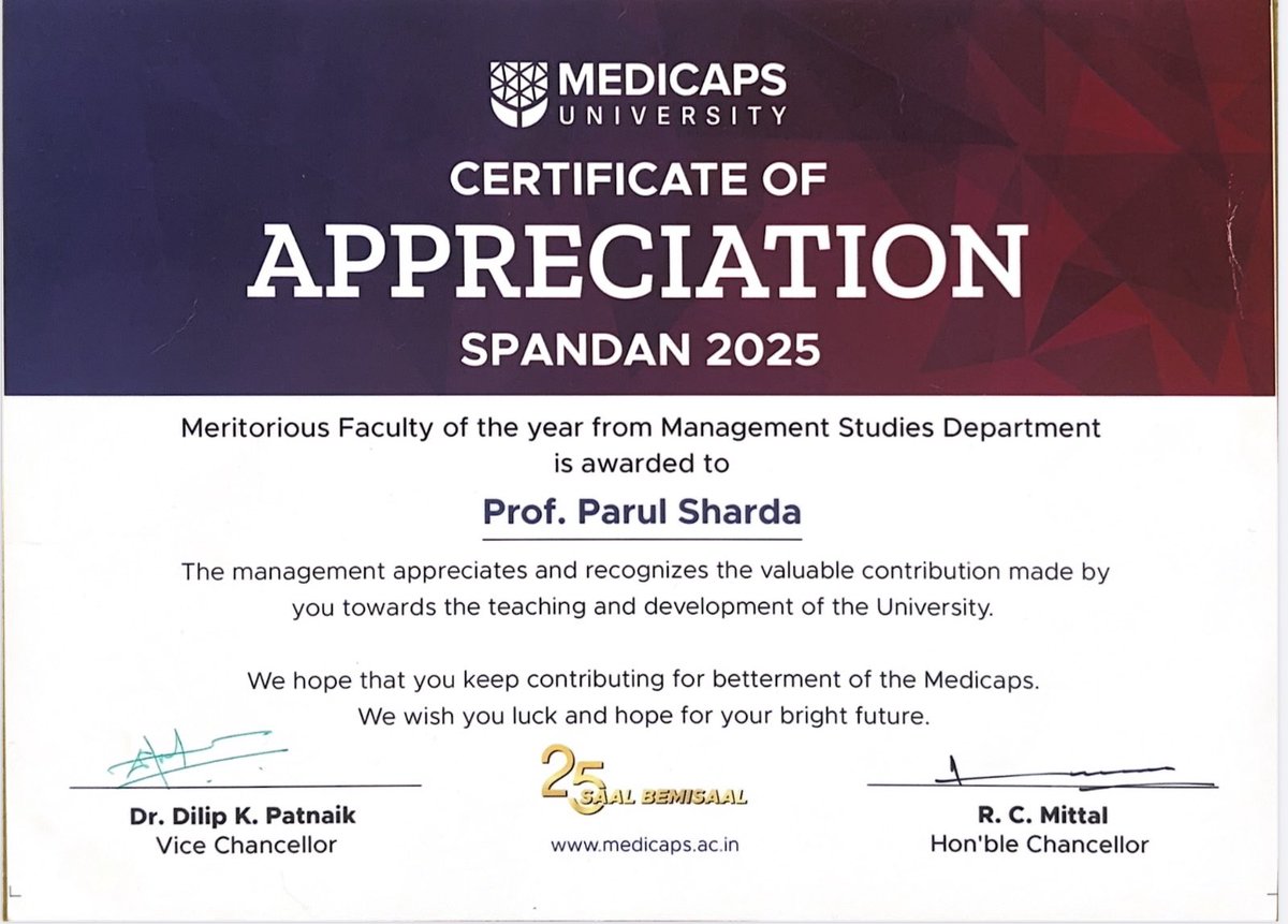 2307_parul's tweet photo. Overwhelmed with joy and pride, as I receive the award for being the Meritorious Faculty of the Year award at Spandan-2025, from my alma mater and my workplace Medicaps University Indore

@Medicaps_Indore 
#ProudMoment 
#FacultyOfTheYear https://t.co/BLzFDi9FBI