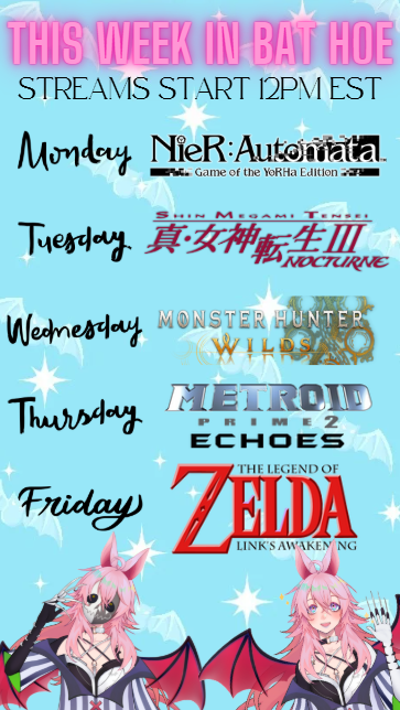 🦇✨NEW SCHEDULE FOR YOU LEGENDS. LEGEND HAS IT YOU LEGENDS DO SOMETHING LEGENDARY LIKE LEGENDARILY WATCHING DAISYCHIROPTERA STREAM!!!✨🦇

Come Say Hi!!! ⏬⏬
twitch.tv/daisychiroptera

#vtuber #Vtubers #vtubersEN #NieR #SMT3 #MonsterHunterWilds #METROID #Zelda #gayming