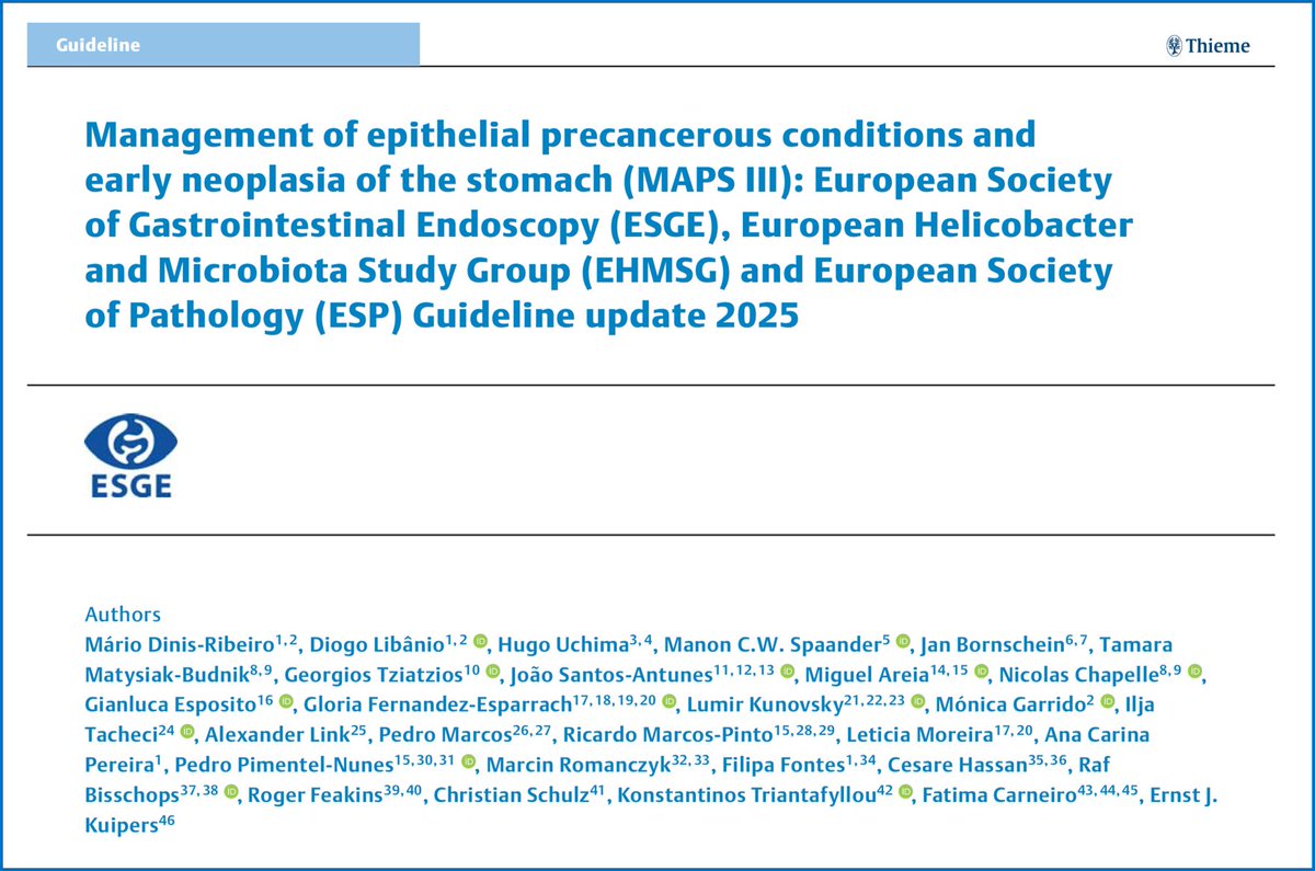 Lumír Kunovský (@lumirkunovsky) on Twitter photo 📢 🔥 Breaking❗️🔥
🆕️ #ESGE guideline:
Management of epithelial precancerous conditions and early #neoplasia of the #stomach
(MAPS 3️⃣)
📘 in <a href="/endoscopyjrnl/">Endoscopy Journal</a> 🥰
👉tinyurl.com/2p9hnu5z
🔵 <a href="/ESGE_news/">ESGE</a> 🔵
⚪️ <a href="/ThiemeIntl/">Thieme International</a> ⚪️
⚫️ <a href="/ESP_Pathology/">European Society of Pathology (ESP)</a> ⚫️
🟢 <a href="/ehmsg/">#EHMSG</a> 🟢
<a href="/OncoAlert/">OncoAlert</a> <a href="/my_ueg/">my_UEG</a> 📢 🔥 Breaking❗️🔥
🆕️ #ESGE guideline:
Management of epithelial precancerous conditions and early #neoplasia of the #stomach
(MAPS 3️⃣)
📘 in <a href="/endoscopyjrnl/">Endoscopy Journal</a> 🥰
👉tinyurl.com/2p9hnu5z
🔵 <a href="/ESGE_news/">ESGE</a> 🔵
⚪️ <a href="/ThiemeIntl/">Thieme International</a> ⚪️
⚫️ <a href="/ESP_Pathology/">European Society of Pathology (ESP)</a> ⚫️
🟢 <a href="/ehmsg/">#EHMSG</a> 🟢
<a href="/OncoAlert/">OncoAlert</a> <a href="/my_ueg/">my_UEG</a>