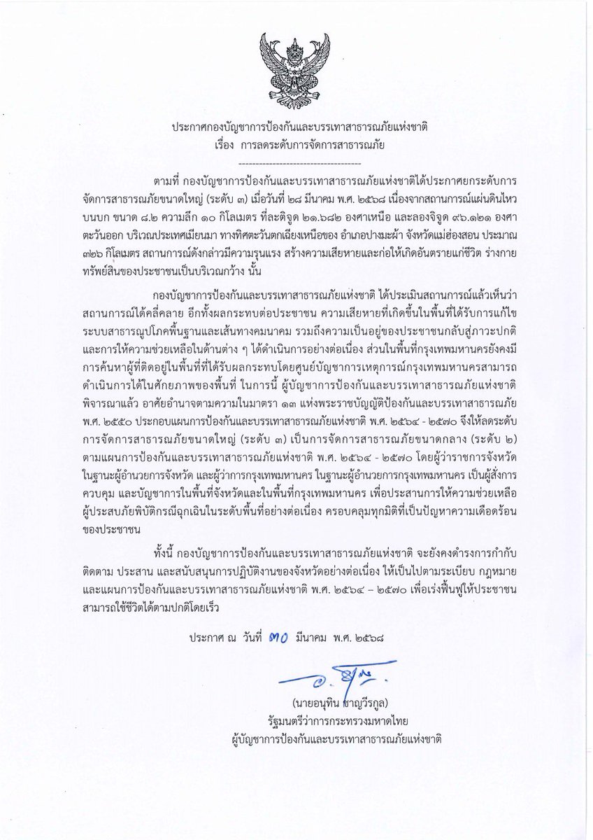 📣 ประกาศลดระดับ! ‘การจัดการสาธารณภัยขนาดใหญ่’ (ระดับ 3) ลดเป็น ‘#การจัดการสาธารณภัยขนาดกลาง’ (ระดับ 2) 

เนื่องจากสถานการณ์ #แผ่นดินไหว คลี่คลาย ระบบสาธารณูปโภคพื้นฐาน เส้นทางคมนาคมกลับสู่ภาวะปกติ เป็นอำนาจ ผวจ. และ ผู้ว่า กทม. จัดการระดับพื้นที่ต่อไป
