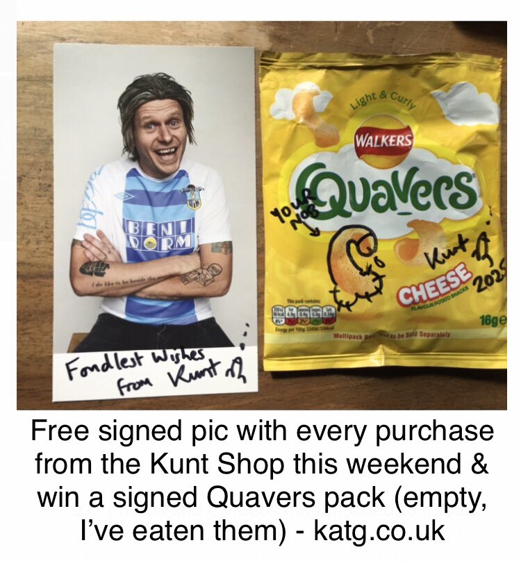 Last chance to pick yourself or a loved one a kuntish purchase this weekend and get a signed pic chucked in and a chance for one lucky winner to receive this personalised Quavers pack!
kuntandthegang.bandcamp.com/merch