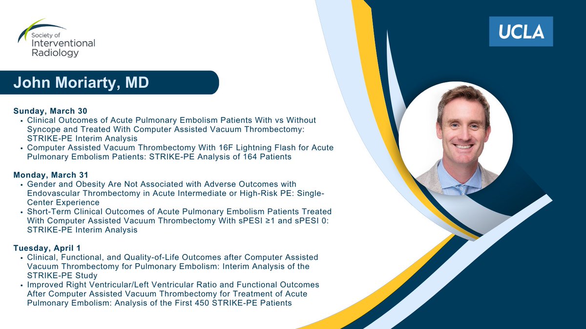 UCLA Radiology (@radiologyucla) on Twitter photo Visit Dr. John Moriarty at #SIR25NASH this weekend! The <a href="/RadiologyUcla/">UCLA Radiology</a> presentations will feature pulmonary embolism sessions & a JVIR Award-Winning Papers scientific session! See you then! Visit Dr. John Moriarty at #SIR25NASH this weekend! The <a href="/RadiologyUcla/">UCLA Radiology</a> presentations will feature pulmonary embolism sessions & a JVIR Award-Winning Papers scientific session! See you then!