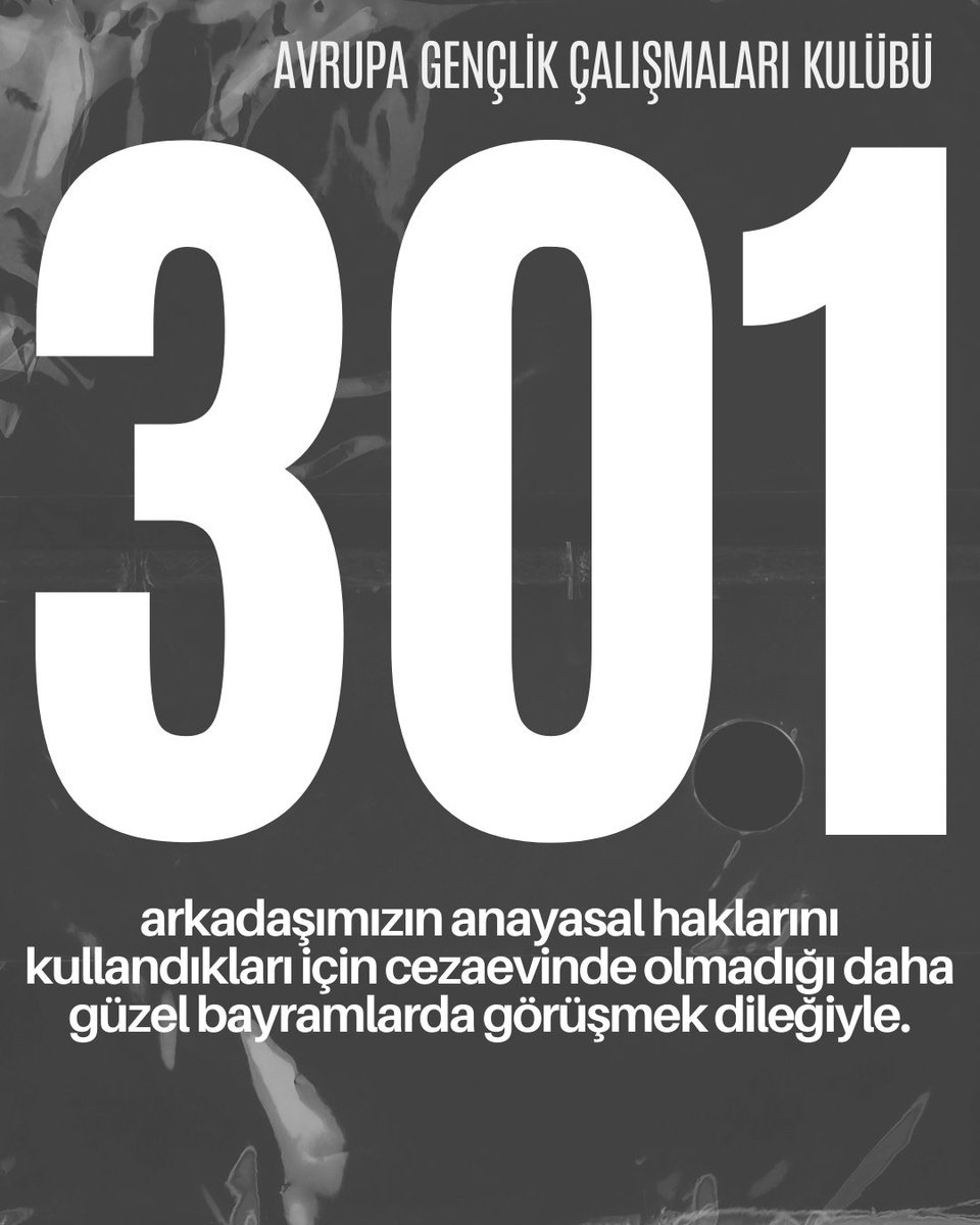 301 sıra arkadaşımız bu bayramı cezaevinde geçiriyor. Anayasal haklarını kullanırken gözaltına alınan arkadaşlarımızın özgürlük yolundaki mücadelelerinde yanlarındayız. #ArkadaşlarımızıSerbestBırakın #GençleriSerbestBırakın