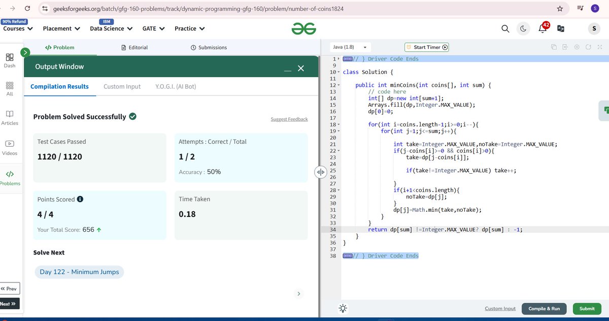 Day 121/160 of #geekstreak2024 by
<a href="/geeksforgeek/">GeeksForGeek</a>
Question :Coin Change (Minimum Coins) #geekstreak2024 #womenintech