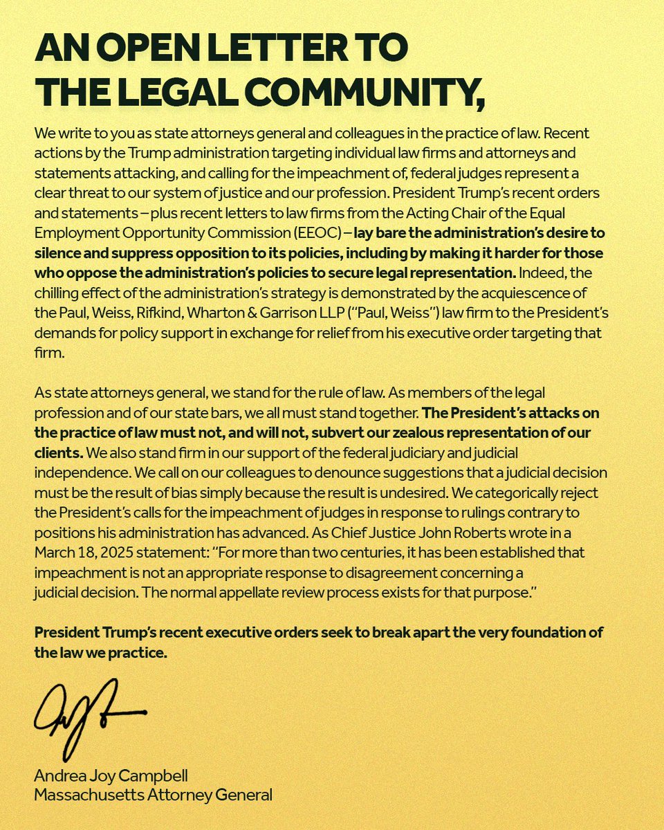 We will not allow anyone, including the President, to bully law firms for doing their job.

We stand with all our colleagues in the legal community who place the ideals and values of their profession over this administration’s demands for obedience and silence.