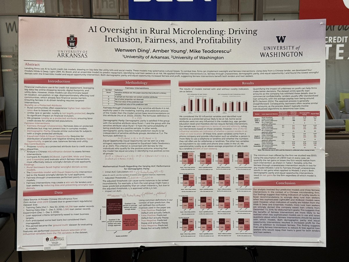 Paper poster presentation with PhD student coauthor Wenwen Ding and Professor Amber Young at #BizAI2025 conference at University of Texas At Dallas <a href="/jindal_utdallas/">The Jindal School</a>. In this paper we show that using machine learning fairness criteria and ensemble models can result in higher