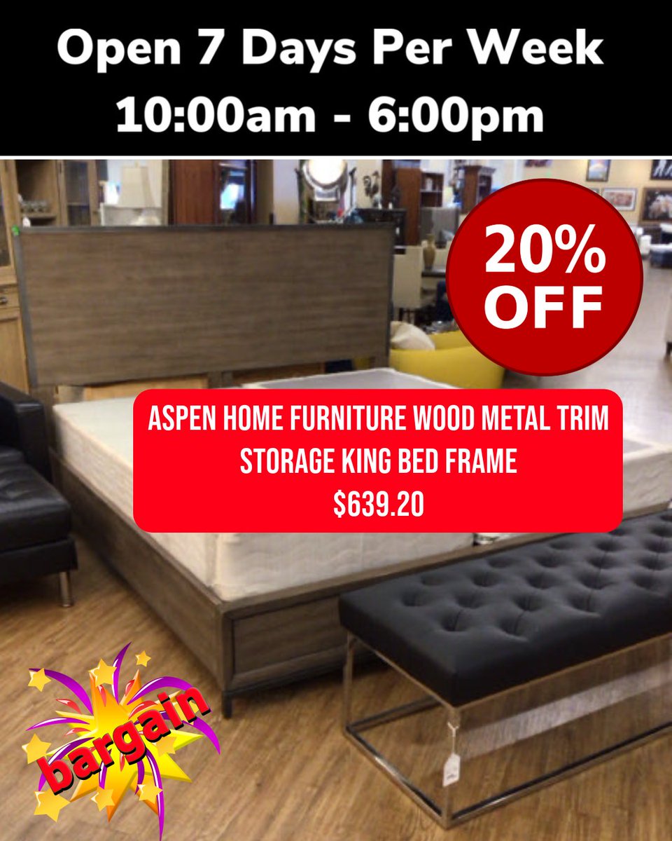 ConsignmentFLA's tweet image. Style meets function with this Aspen Home king storage bed frame—sleek wood, metal trim, and extra storage to keep your space organized. Now 20% off for $639.20! Don’t wait—once it’s gone, it’s gone!

#FurnitureFind #BedroomUpgrade #SmartStorage #HomeDeals #EncoreInteriors