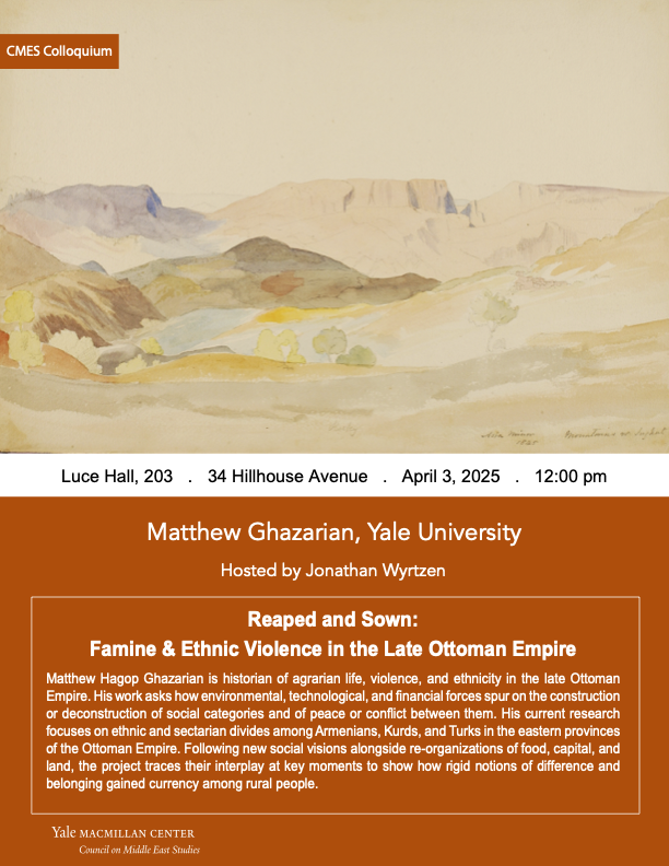 Yale Council on Middle East Studies (@yalecmes) on Twitter photo ๐ผ๐ท๐ช๐ถ๐ด๐ฐ๐ต๐ฎ! Join historian Matthew Ghazarian (<a href="/Yale/">Yale University</a>) on April 3 for โReaped and Sownโ!
Location: Henry R. Luce Hall, Room 203
Hosted by Jonathan Wyrtzen
๐ RSVP: macmillan.yale.edu/middleeast/eveโฆ
#MiddleEast ๐ผ๐ท๐ช๐ถ๐ด๐ฐ๐ต๐ฎ! Join historian Matthew Ghazarian (<a href="/Yale/">Yale University</a>) on April 3 for โReaped and Sownโ!
Location: Henry R. Luce Hall, Room 203
Hosted by Jonathan Wyrtzen
๐ RSVP: macmillan.yale.edu/middleeast/eveโฆ
#MiddleEast