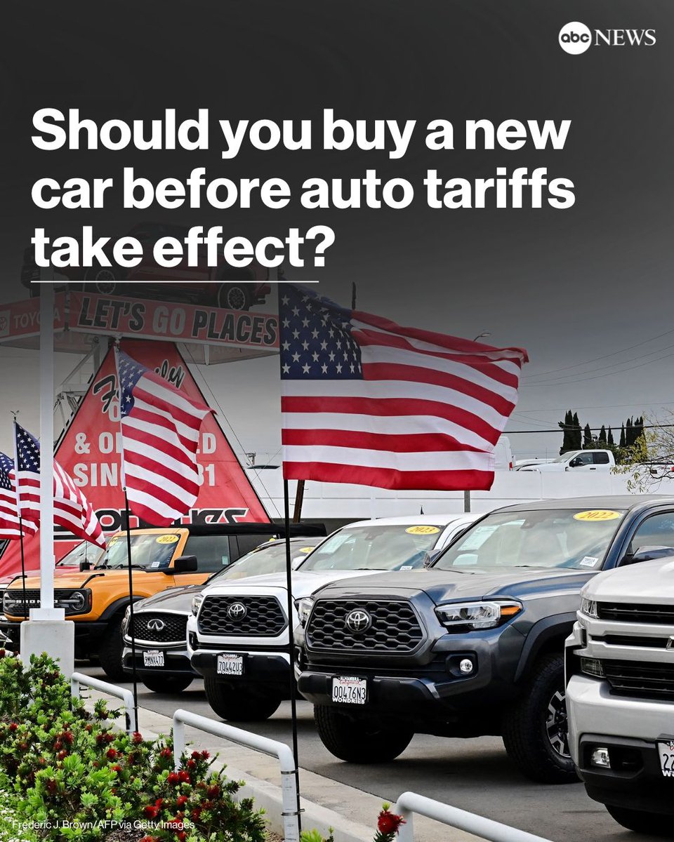 ABC's tweet image. Auto tariffs set to take effect within days pose car buyers with a choice: Do they dash out to dealerships ahead of possible price increases totaling thousands of dollars abcnews.link/xtyOIRW