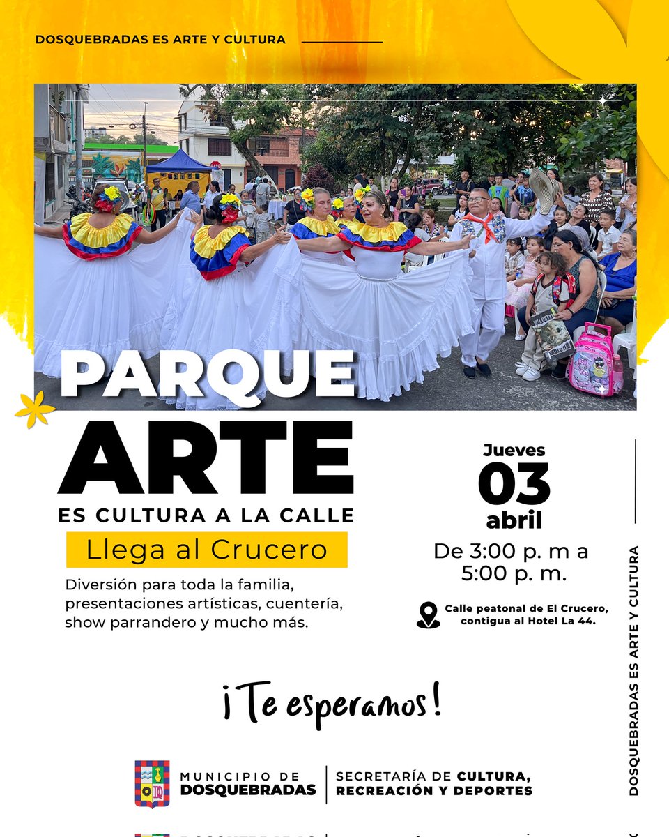 Este jueves 3 de abril, vive una jornada llena de talento y alegría. 

Desde las 3:00 p.m. hasta las 5:00 p.m., la calle peatonal contigua al Hotel La 44 será el escenario de espectaculares presentaciones artísticas, cuentería, música, un gran show parrandero y mucho más.