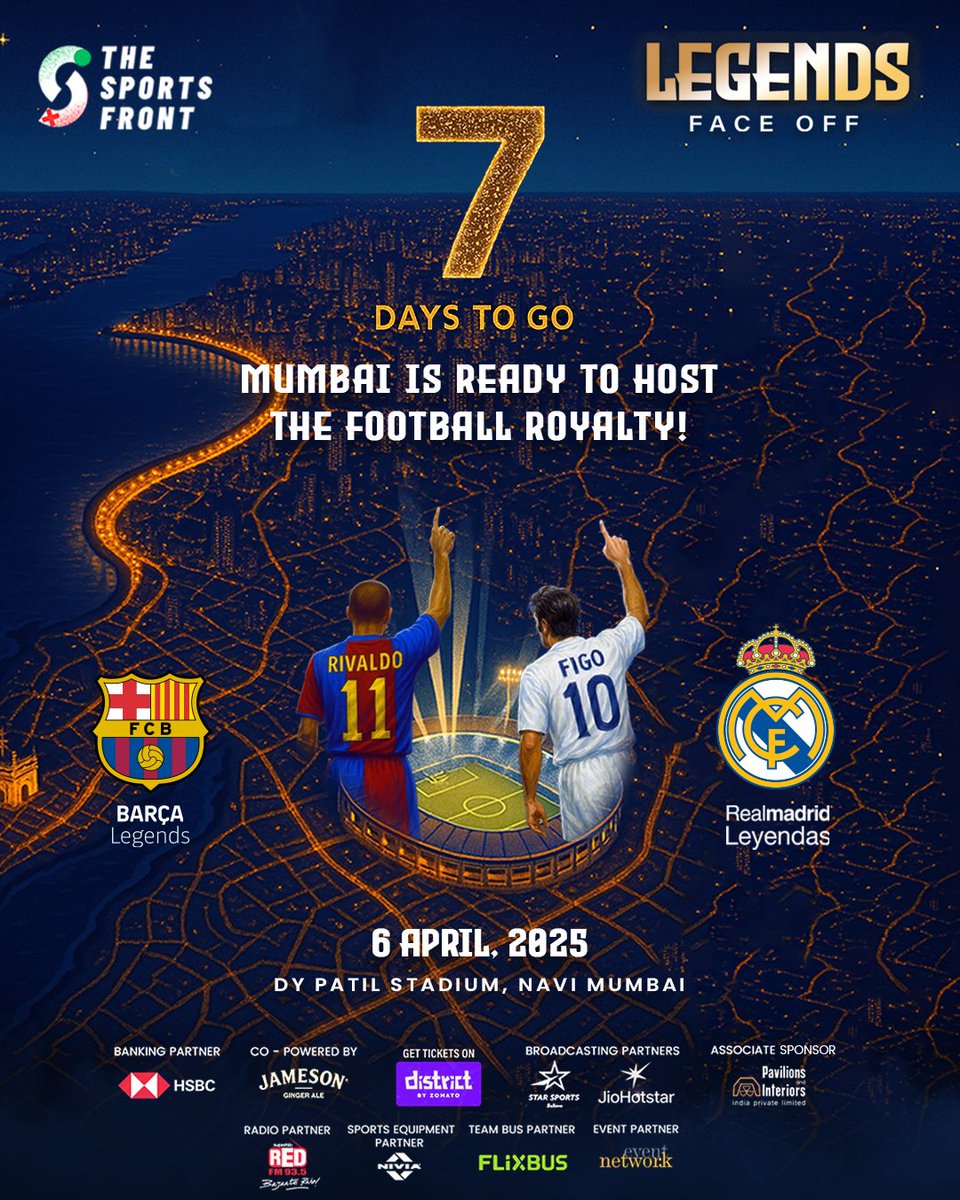 Just one week till the pitch turns into a time machine!

Legends from Barça and Madrid are dusting off their boots—are you ready?

DY Patil Stadium, 6th April. Be there.

Book your tickets now—link in the bio!

#LegendsFaceOff #LegendsUnleashed #ForçaBarça #HalaMadrid